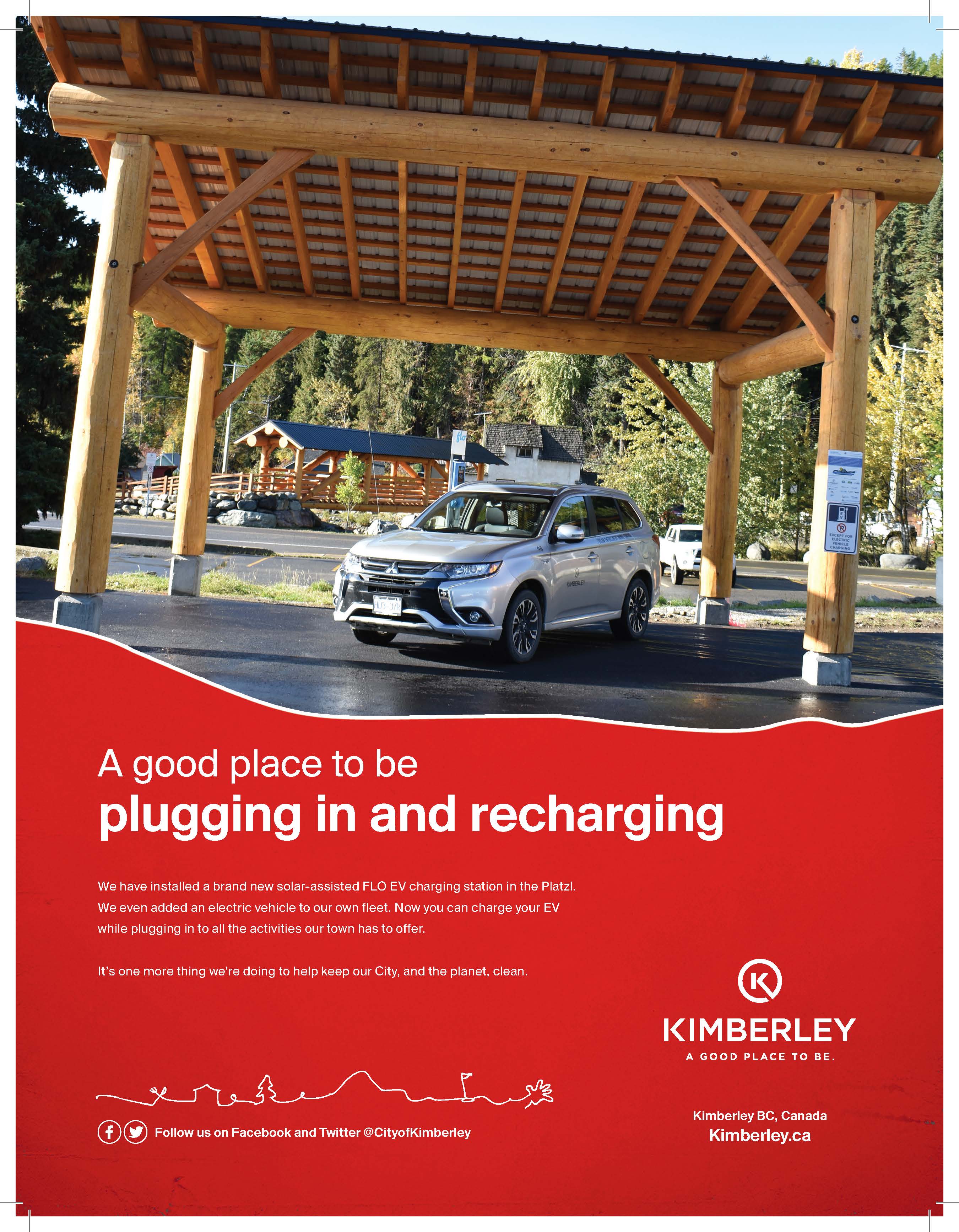 Kimberley poster with electric vehicle and the headline “A good place to be plugin in and recharging”
