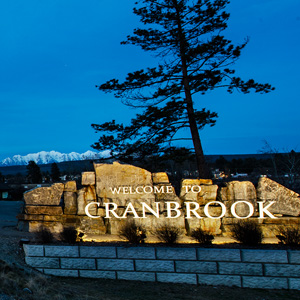 City of Cranbrook sign at night. 