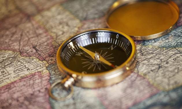 A directional compass and map are basic navigational tools.