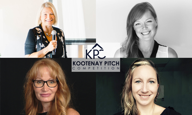 Kootenay Pitch No. 3 was exclusively for women: Top left: Terry Van Horn of SMRT1 Technologies in Nelson was the winner; top right: Adele Hills of Sacral Solutions in Creston; bottom left: Sarah Hobbs of Karma Well in Kimberley; bottom right: pitch organizer Karen Kornelsen.