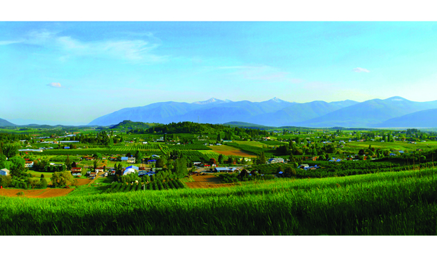 A stunning green Creston Valley has a variety of farm land and mountains in the background.