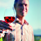 The blurred man against a blue sky and green trees holds out a wine glass to signify Creston's abundance.