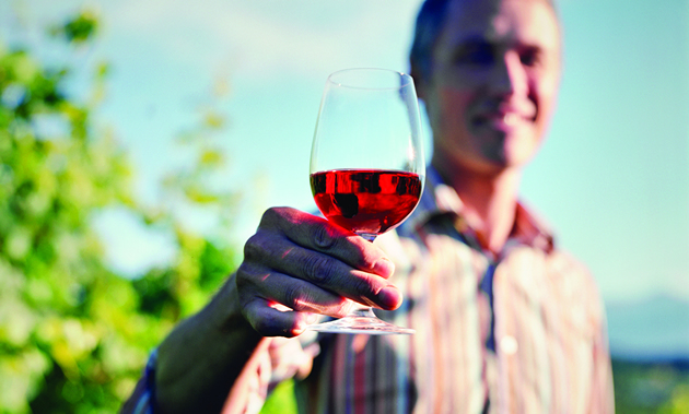 The blurred man against a blue sky and green trees holds out a wine glass to signify Creston's abundance.