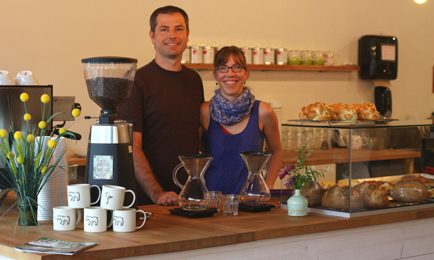 Susi and Colin Thomas stand at the counter of Crumbs Bakery Café in Castlegar, B.C.