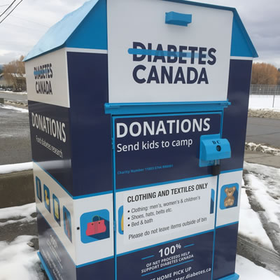 The new blue and white Diabetes Canada 'Clothesline' bins. 