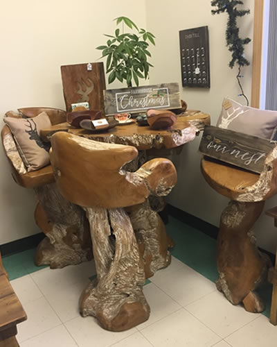 Set of tall bar stools made of wood. 