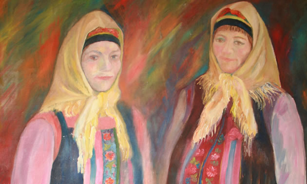 A painting of two Doukhobor women wearing tradition clothing