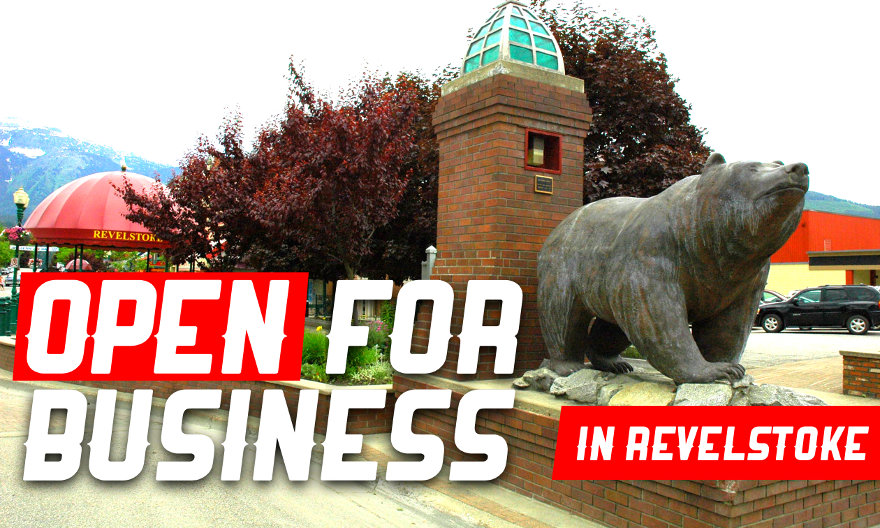 Downtown Revelstoke, including a statue of a bear.