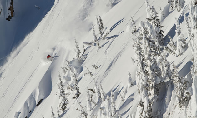 From a distance, a skier goes down steep terrain in a cloud of powder.