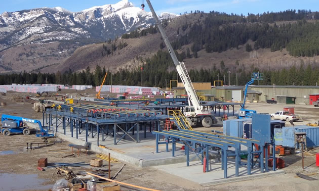 A sprawl of blue metal supports are around a crane and against a scenic background.