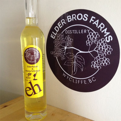 A bottle of Elderflower and Honey Schapps from the Elder Bros. Farms & Distillery. 