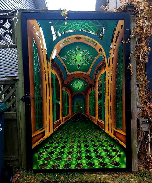 Decorative painted metal gate. 