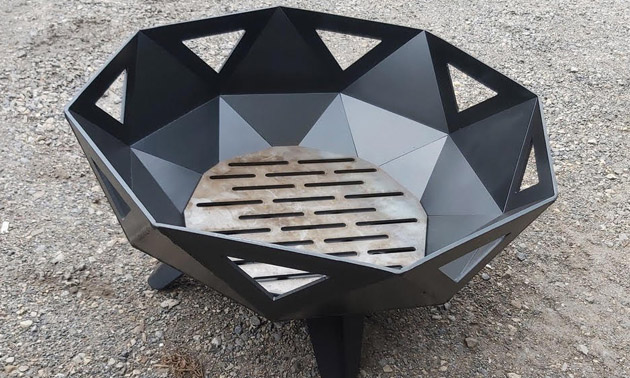 Black, octagonal-shaped fire pit. 