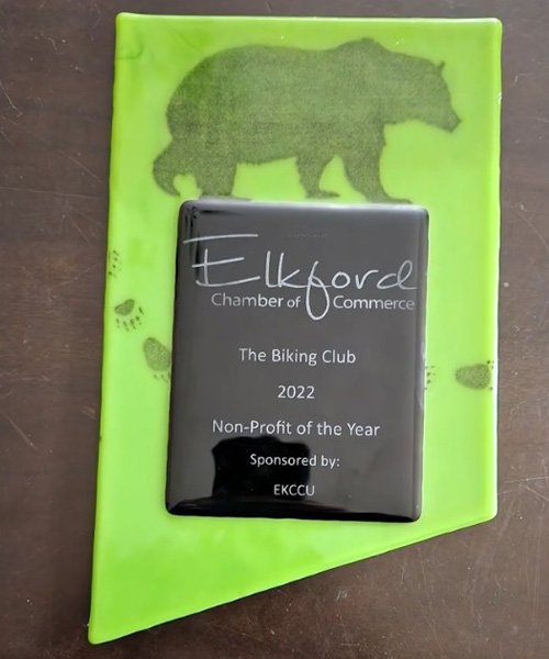 Close-up photo of Elkord Business Excellence award to the Elkford Biking Club. 