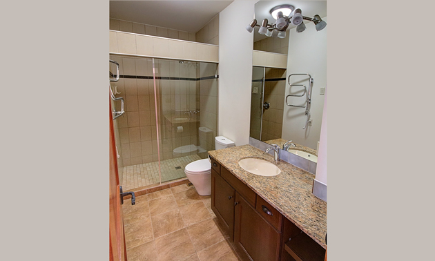 A large bathrooms has all amenities such as a towel rack, roomy shower, and wide counter.