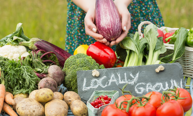 A woman's hands hold an eggplant at a farmers market stall. A chalk sign reads