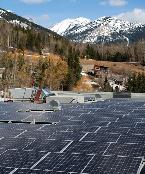 Rooftop array of solar panels on the Fernie Fox Hotel. 