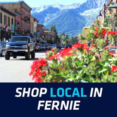 Downtown Fernie with mountains in the background. 