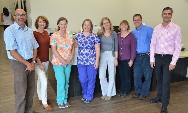 The Fisher Peak Family Practice team: From Left to Right we have Dr. Deon Van Rensburg(partner), Janell Adachi(Manager), Margaret Lund(Staff), Kim Supina (Staff), Dr. Kathryn Wentworth (partner), Dr. Sarah Chesney (partner), Dr. Kevin McIver (Partner). 