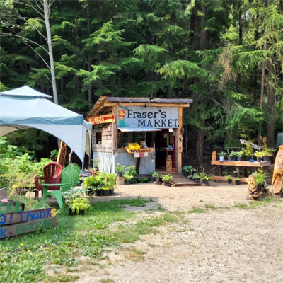 Farm stand at Fraser's Market, with nursery plants and pots standing in front of stand. 