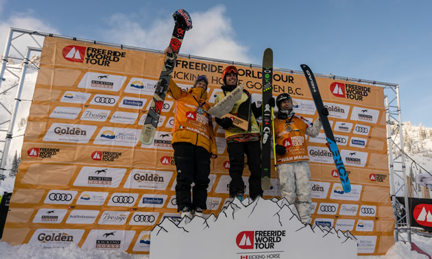 Freeride World Tour medalists show some joy atop the podium.