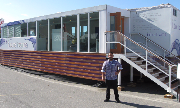 Telus brand ambassador Daniel Gonzalez shared information about the Future Home, which was parked in the Kimberley Aquatic Centre parking lot