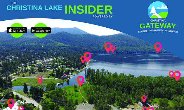 Aerial view showing many points of interests in the area of Christina Lake