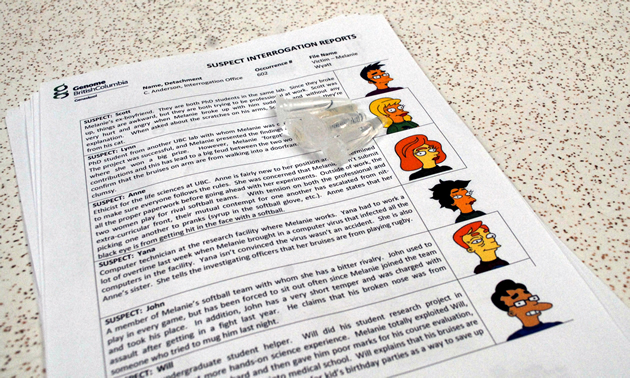 A sheet of paper has cartoon drawings and fictional bios. On top are vials of DNA.