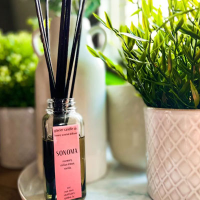 Reed diffuser sitting on table, with small plant in white pot. 