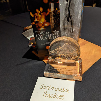 Picture of etched glass award sitting on table. 