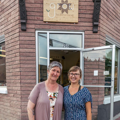 Alicia and Nicola Herman stand in front of their storefront, Grow Tea & Elixir Corner in Kimberley, B.C.