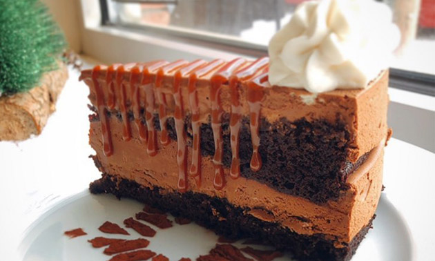Close-up of salted caramel chocolate cake. 