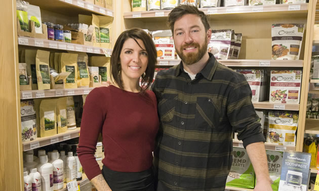 Dana DiPonio and Kevin Hagel are shown in a health food store. They are co-owners of Nelson Naturals, producing a natural toothpaste.