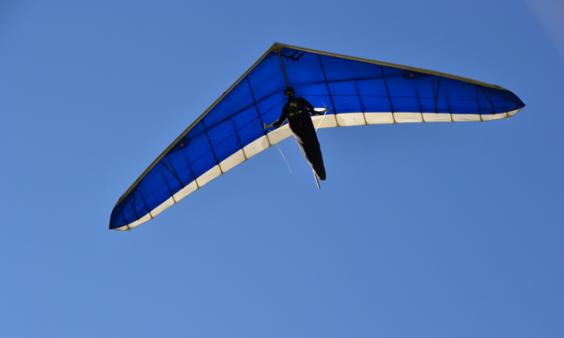 A hang-glider and pilot fly directly above the camera in a clear blue sky.