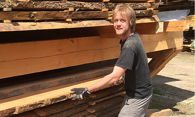 An employee at Harrop-Proctor Forest Products busy sorting freshly cut lumber.