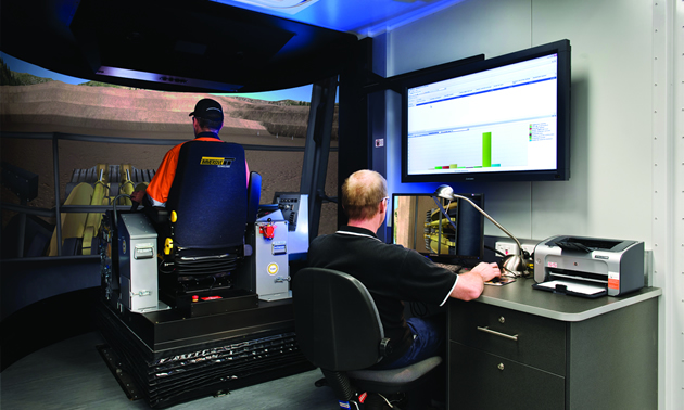 Interior photo of the Pro3 Transportable Simulator to be used for COTR Haul Truck Operator training in Cranbrook and Fernie.