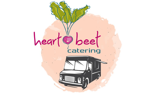 The logo of Heartbeet Catering has a drawing of a beet and a van truck.