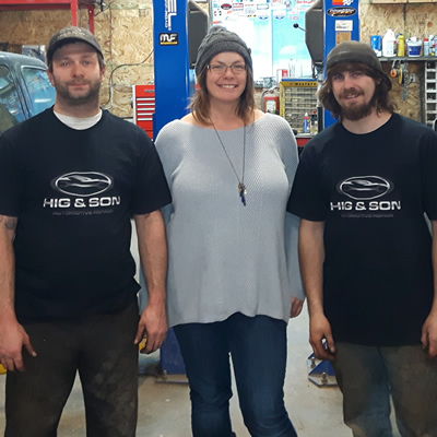 Dave Higginson and Juniper Kelly, business owners, and Ben Demers, are the front-line team at Hig & Son Automotive Repair in Golden, B.C. 