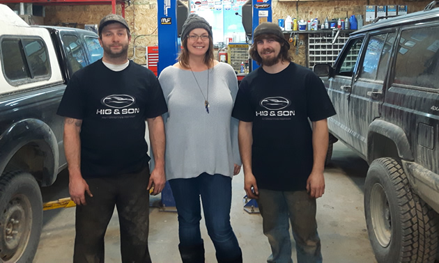 Dave Higginson and Juniper Kelly, business owners, and Ben Demers, are the front-line team at Hig & Son Automotive Repair in Golden, B.C. 