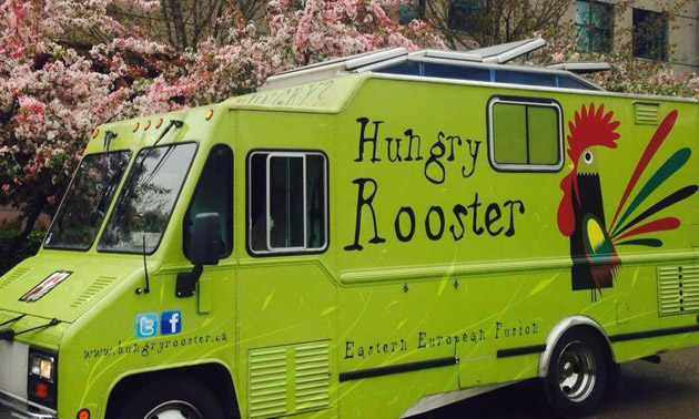 Hungry Rooster Food Truck, painted bright green. 