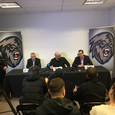 WHL Commissioner Ron Robison, Ice Owner Greg Fettes and General Manager Matt Cockell announcing the Ice's relocation to Winnipeg. 