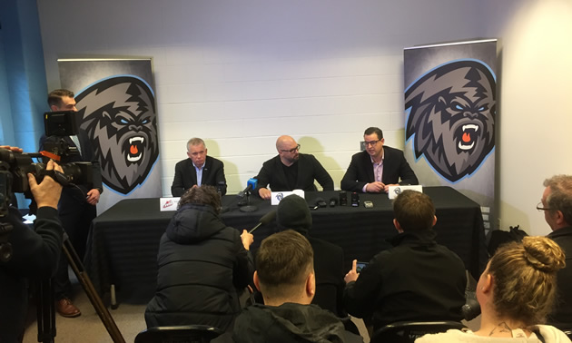 WHL Commissioner Ron Robison, Ice Owner Greg Fettes and General Manager Matt Cockell announcing the Ice's relocation to Winnipeg. 