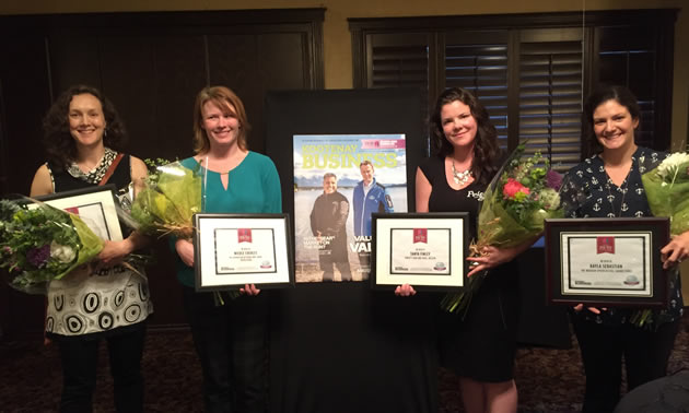 West Kootenay IWIB awards went to Mary Austin, Austin Engineering—Trail; Nicole Cherlet, Big Mountain Kitchen and Linen—Revelstoke; Tanya Finley, Finley's Bar and Grill—Nelson and 
Kayla Sebastian, Wood Spoon Bistro—Grand Forks.