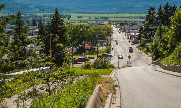 A view looks down a hill into a green Creston Valley along Canyon Street. 