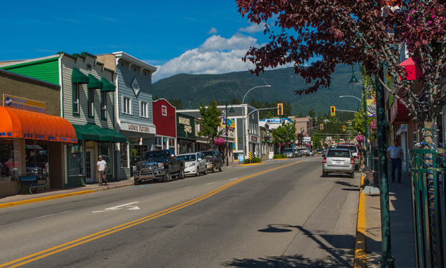 Colourful and old-fashioned buildings and stores line Creston's Canyon street.