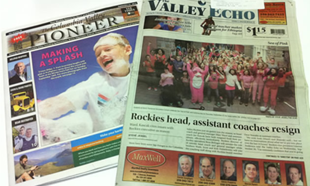 Picture of Columbia Valley Pioneer and the Invermere Valley Echo newspapers. 