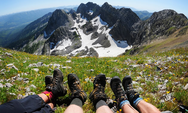Three sets of hiking shoes are in the foreground of a stunning snowy mountain range and a green slope.