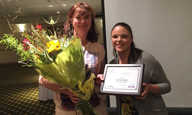 Judy Goodman (L), a 2015 winner of an Influential Women in Business Award, with Kyla MacNeil of Kootenay Business magazine