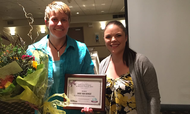 Jakki Van Hemert (L) of Trail, B.C. received a 2015 Influential Women in Business (West Kootenay) Award from Kootenay Business magazine.