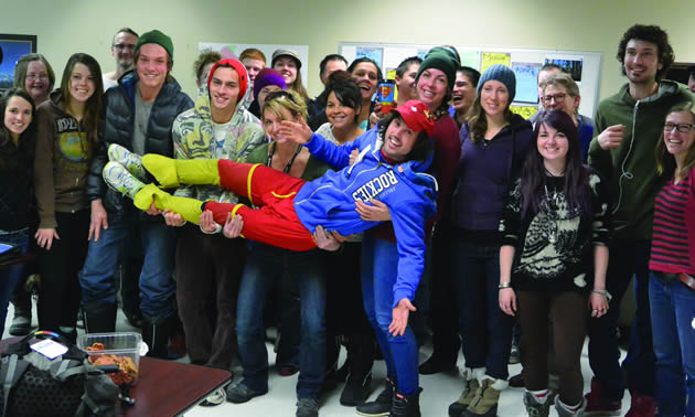 Adventurer Jamie McDonald hangs out with students at College of the Rockies’ Golden campus.